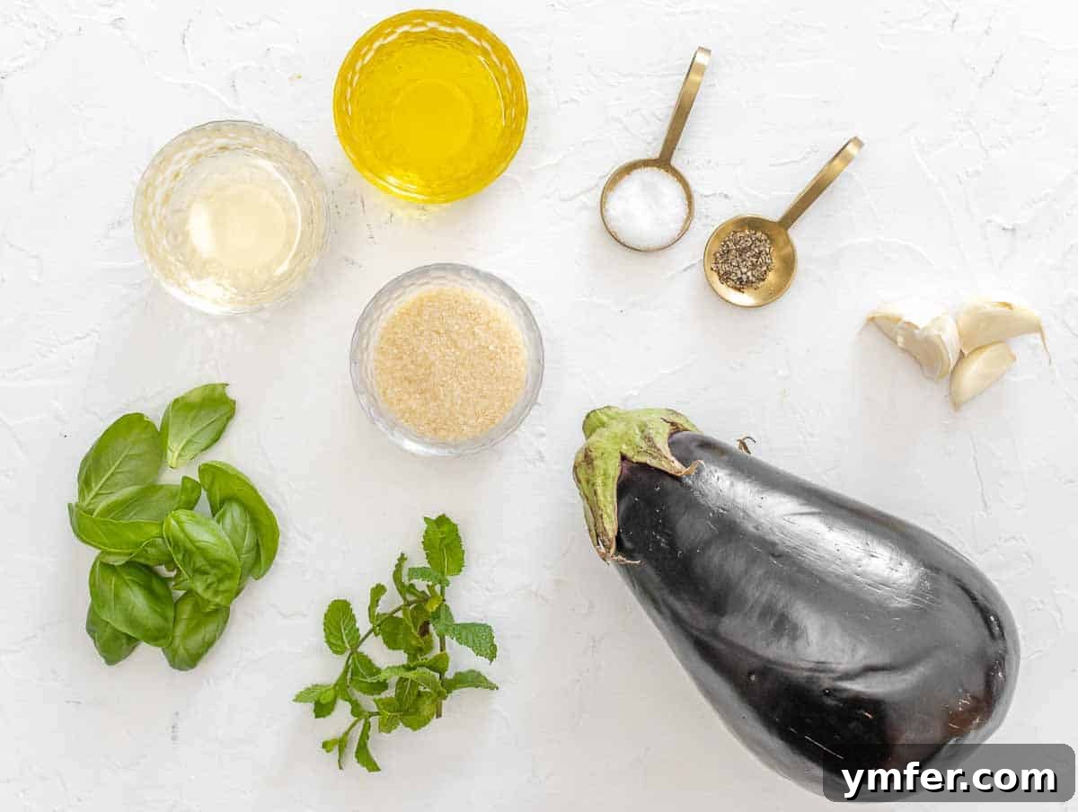 Sweet and Tangy Glazed Eggplant 4 Fresh ingredients for Italian sweet and sour eggplant: globe eggplant, olive oil, salt, pepper, garlic, vinegar, sugar, basil, mint, and optional toasted pine nuts.