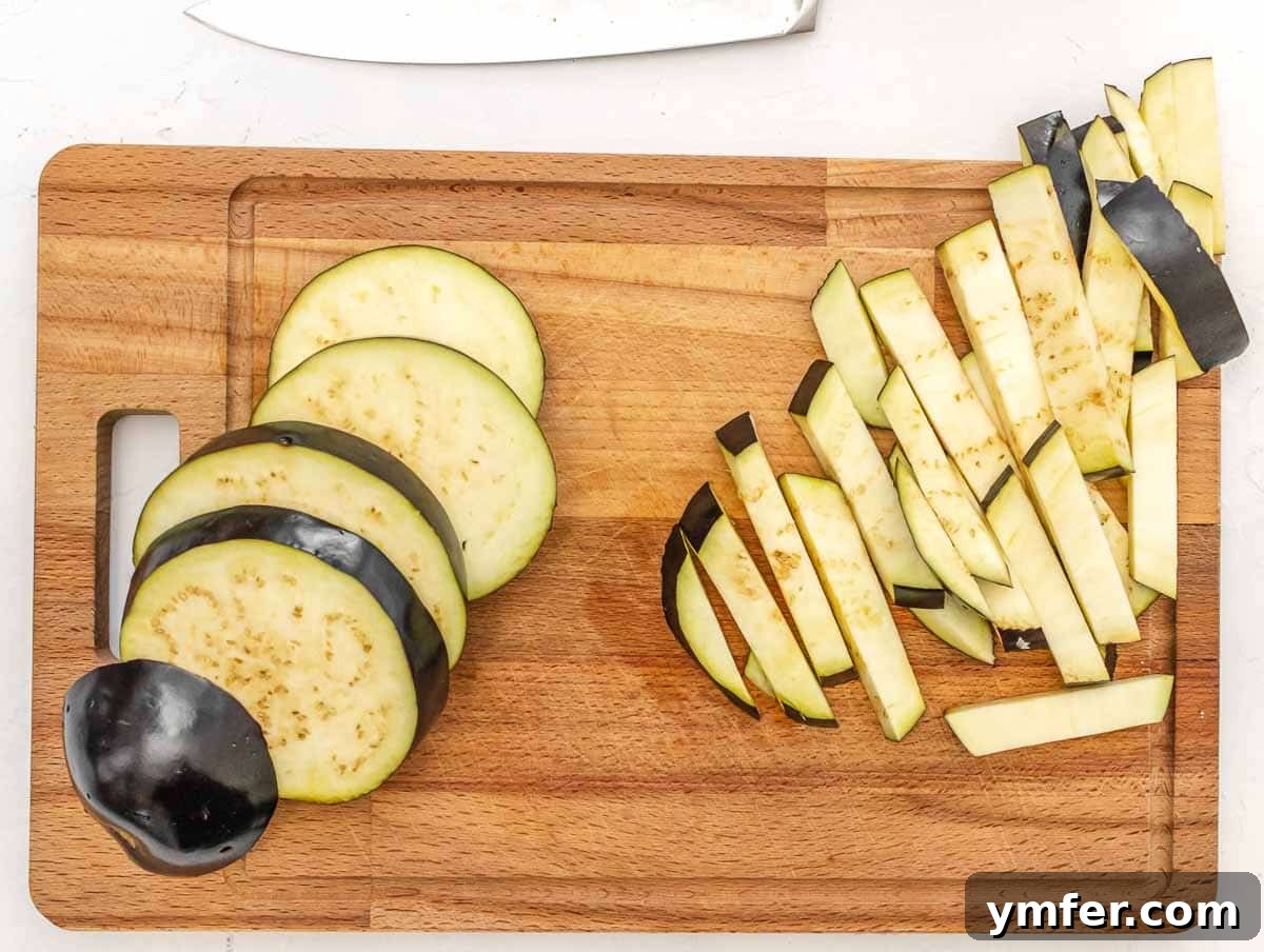 Sweet and Tangy Glazed Eggplant 6 Process of cutting globe eggplant into even slices for the recipe.