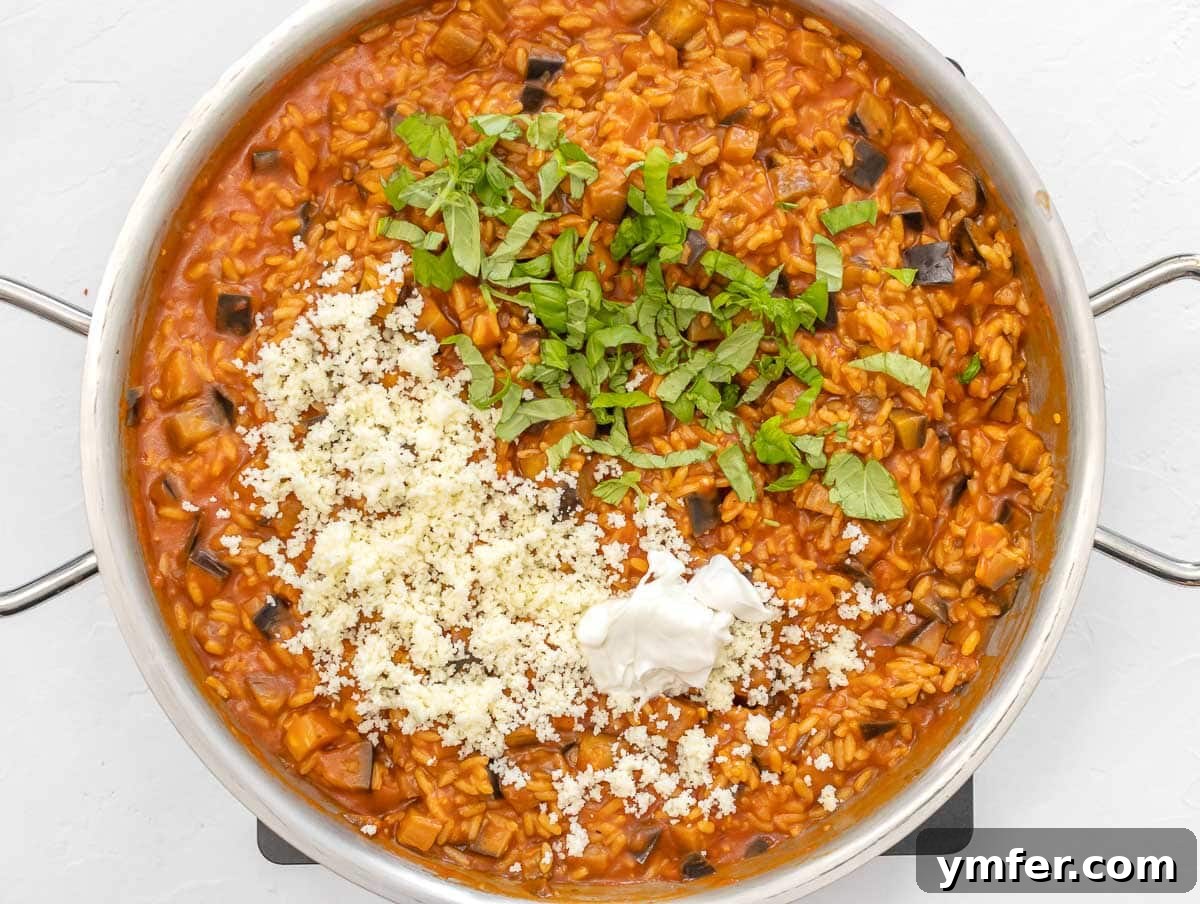 Velvet Aubergine Risotto 11 Parmesan cheese, butter, and fresh basil leaves added to the cooked risotto.