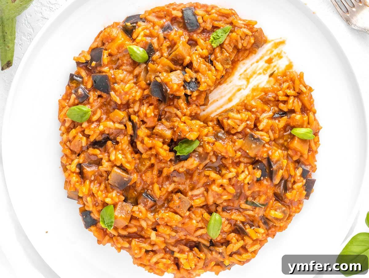 Velvet Aubergine Risotto 5 Creamy eggplant risotto in a pan, ready to be served.
