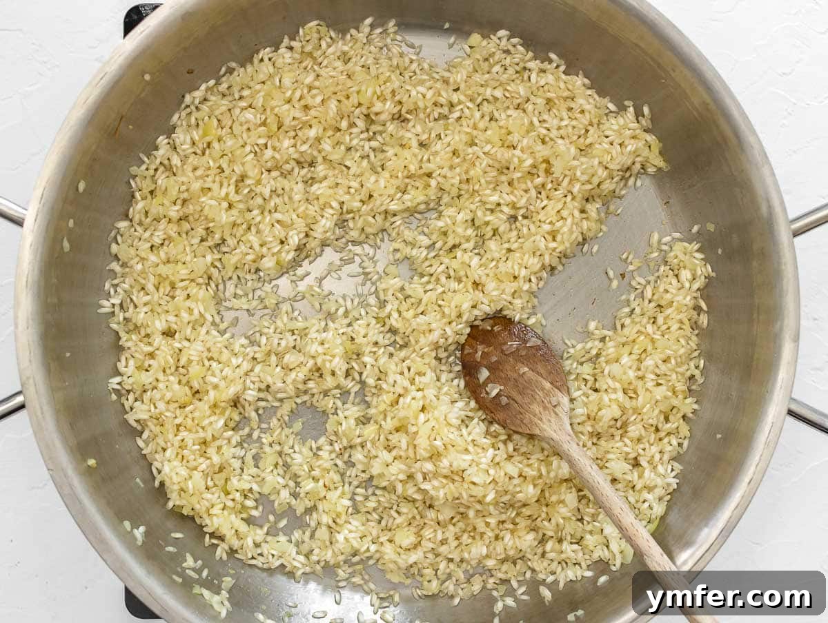 Velvet Aubergine Risotto 8 Risotto rice being toasted in a large skillet with onion and garlic.