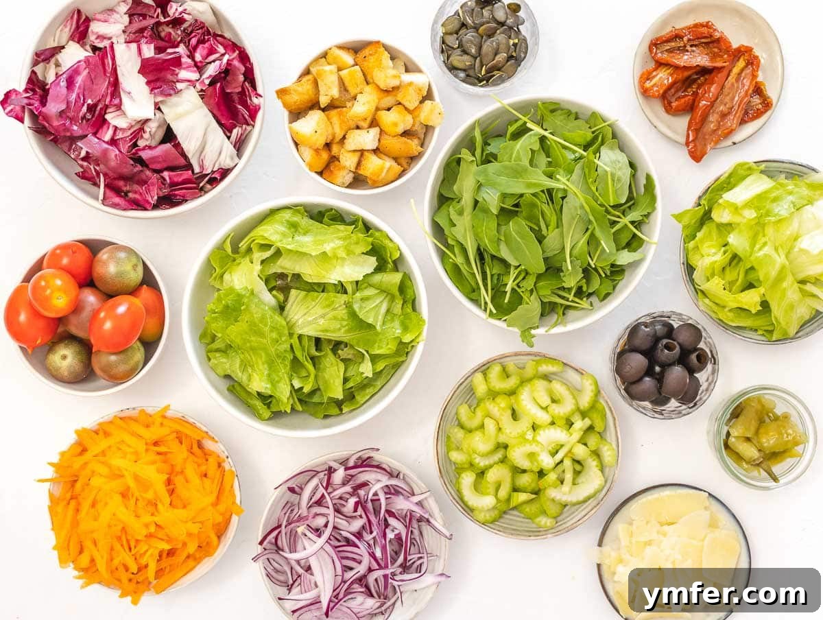 A flat lay image showing all the fresh ingredients for Italian salad: romaine lettuce, arugula, radicchio, celery, onion, carrot, tomatoes, olives, pepperoncini, croutons, seeds, iceberg lettuce, sun-dried tomatoes, and shaved parmesan