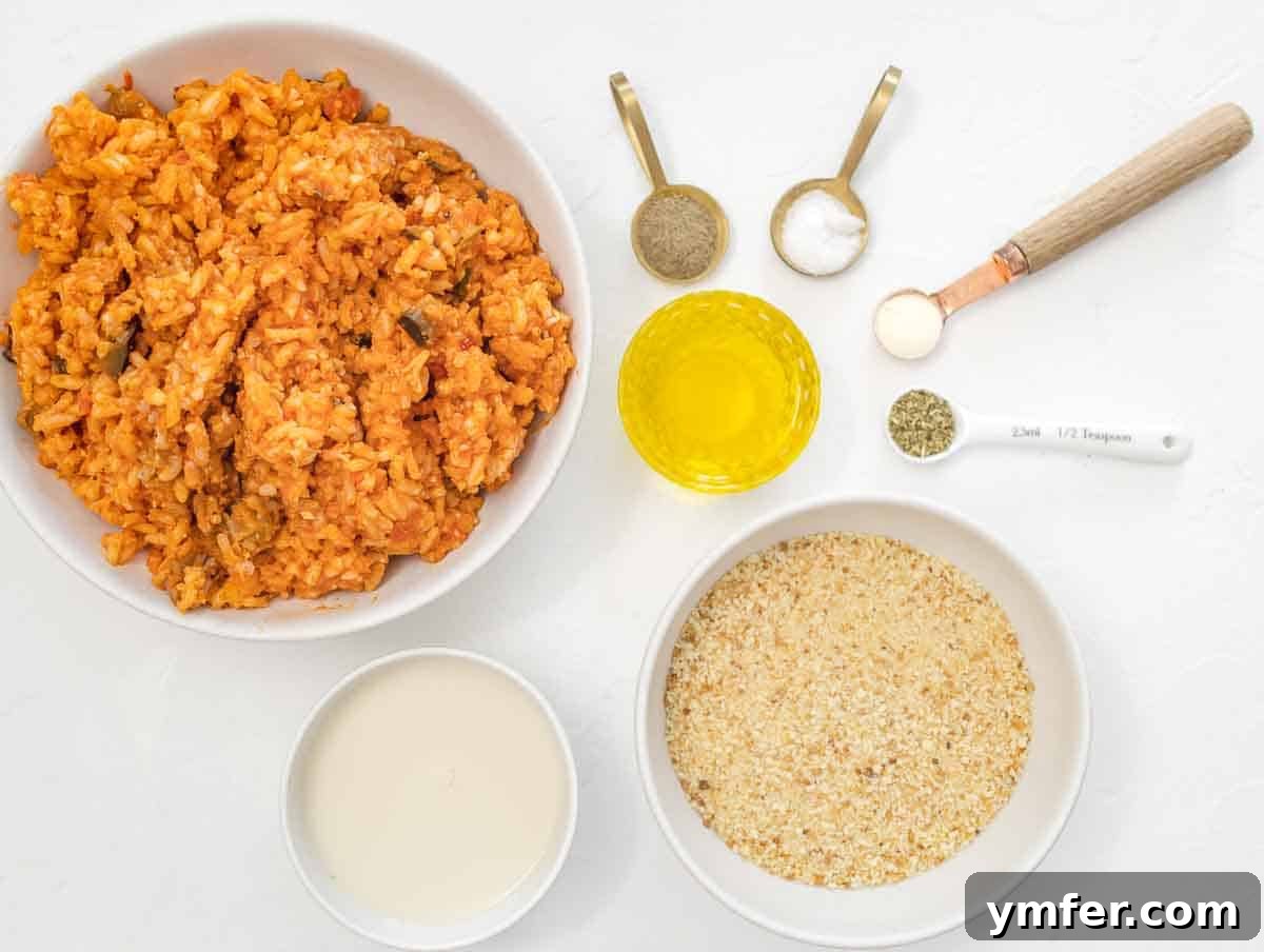 Arancini 4 Ingredients for making crispy risotto cakes laid out on a wooden surface.