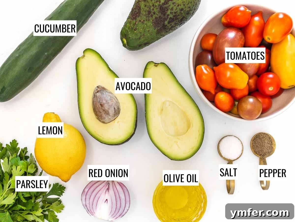 Fresh Avocado Bliss 4 Ingredients laid out for making avocado salad, including avocados, tomatoes, cucumber, onion, and herbs.