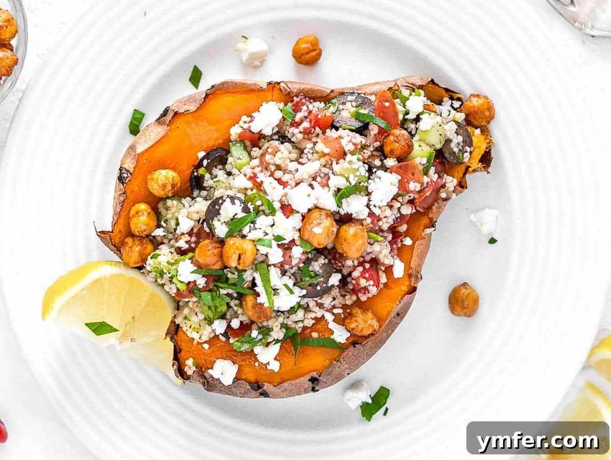 Sweet Potato in Minutes 11 Microwave sweet potato with a chickpea and vegetable Greek topping