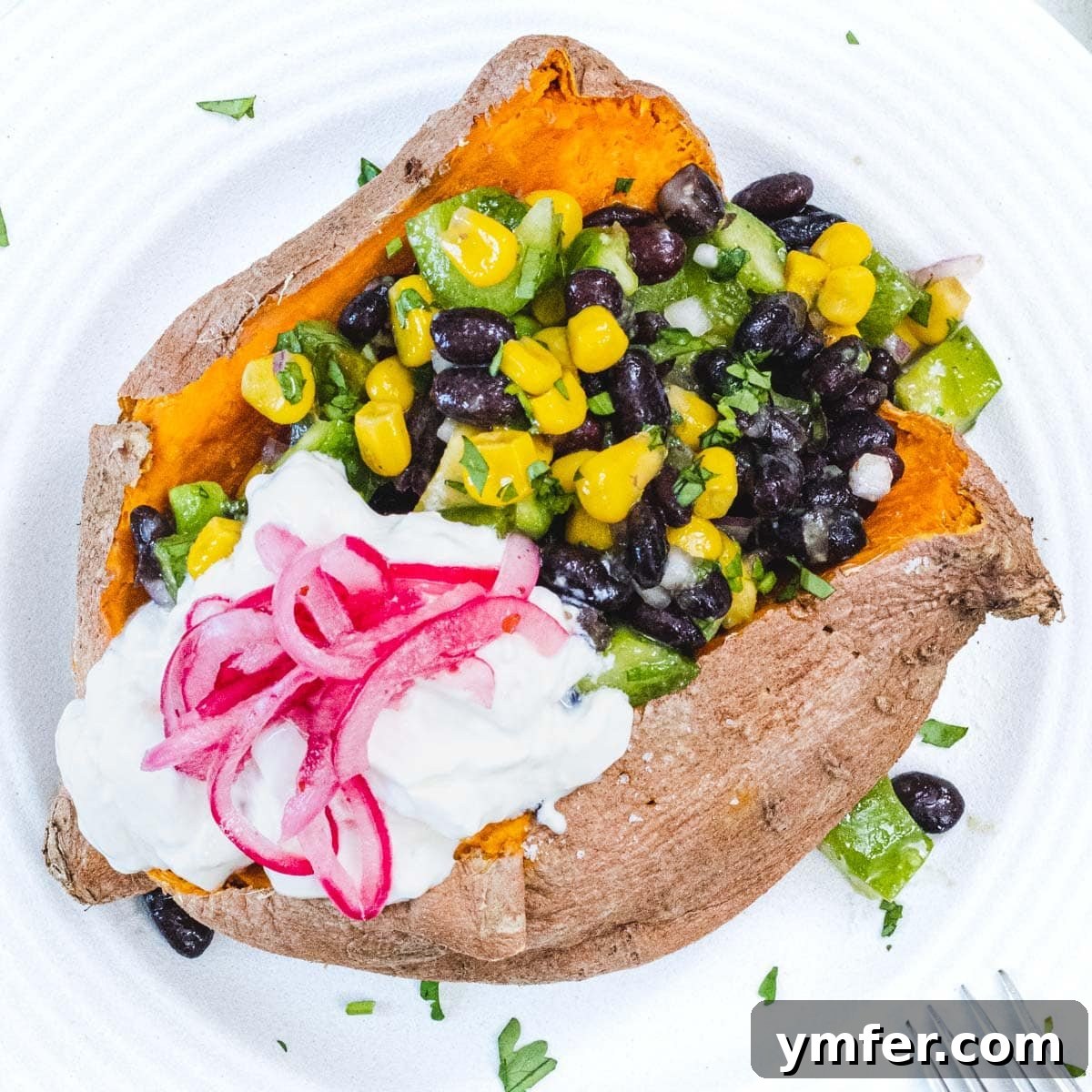 Sweet Potato in Minutes 3 Microwave sweet potato loaded with black beans and fresh toppings