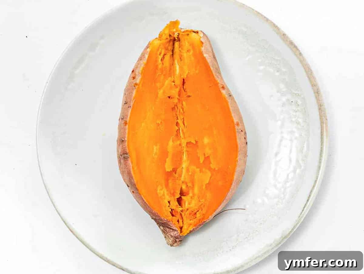 Sweet Potato in Minutes 7 Perfectly cooked microwave sweet potato, ready to be stuffed