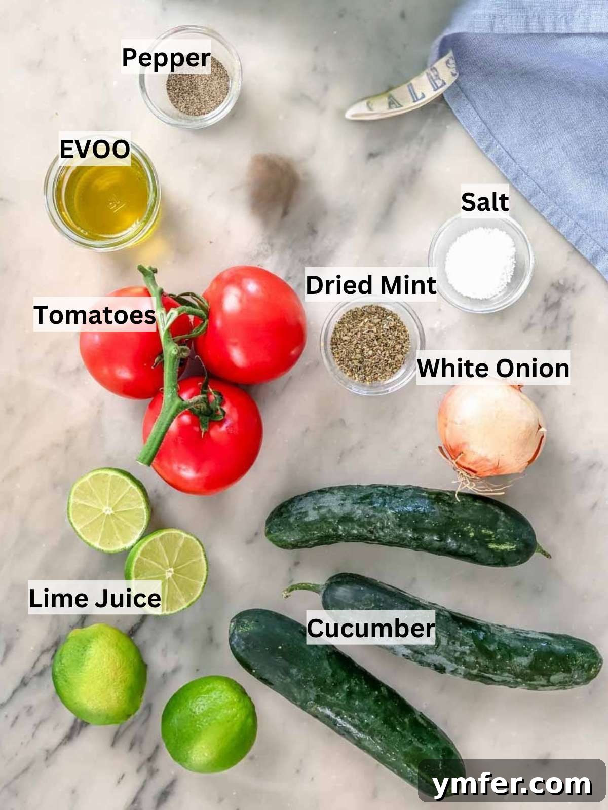 Vibrant Shirazi Chopped Salad 4 Ingredients for Shirazi salad such as cocumber tomato and onion on a marble table.