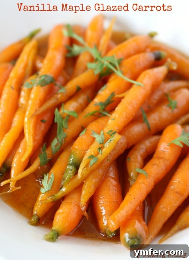 Exquisite Vanilla Maple Glazed Carrots 2 Close-up of vibrant vanilla maple glazed carrots arranged beautifully on a plate, ready to be served as a delightful side dish.