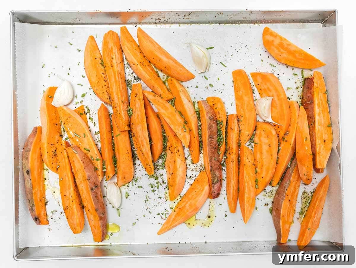 Crispy Sweet Potato Wedges 6 seasoning sweet potato wedges with rosemary, oil, and salt