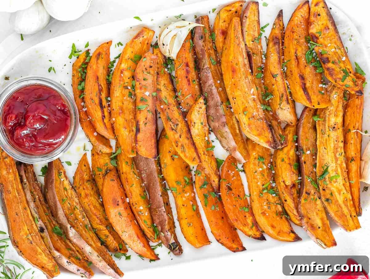 Crispy Sweet Potato Wedges 9 roasted sweet potato wedges on a platter with ketchup