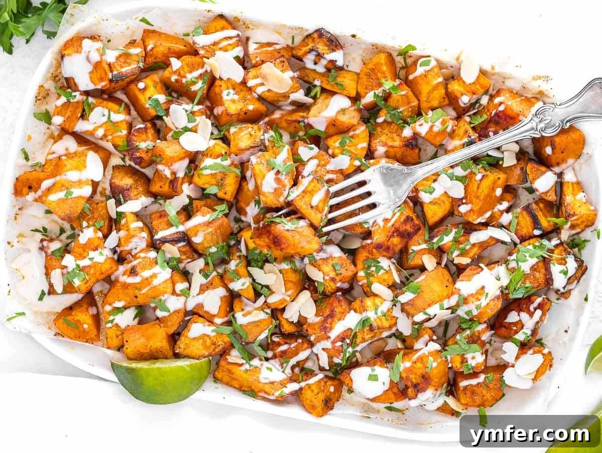 Golden Roasted Sweet Potatoes 12 roasted sweet potato cubes drizzled with tahini sauce and parsley