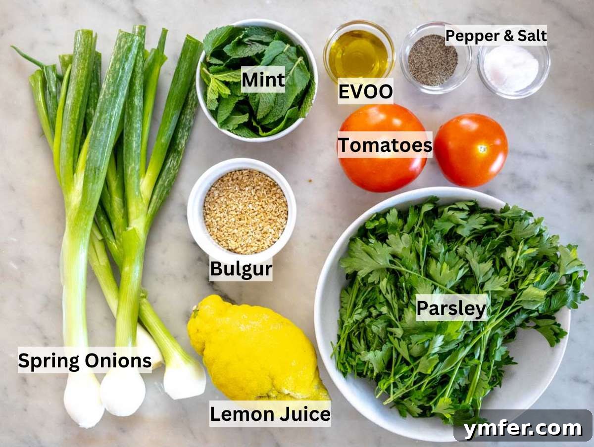 Fresh and Zesty Tabbouleh Salad 4 Flat-lay of tabouli (tabbouleh) ingredients including fresh parsley, fine bulgur, ripe tomatoes, vibrant mint, crisp scallions, a juicy lemon, and rich olive oil, arranged on a rustic wooden board.