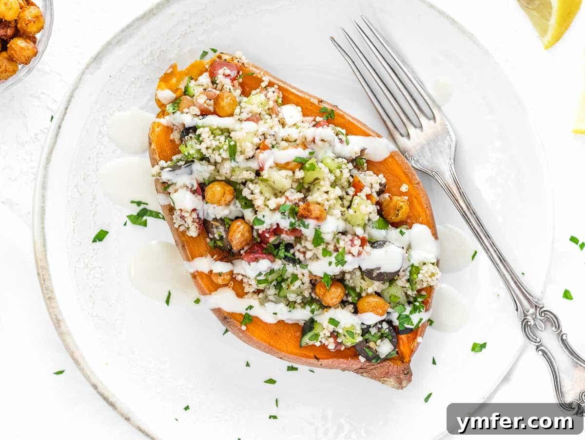 Golden & Crispy Air Fryer Sweet Potatoes 15 Baked sweet potato loaded with vegetables and drizzled generously with tahini sauce.