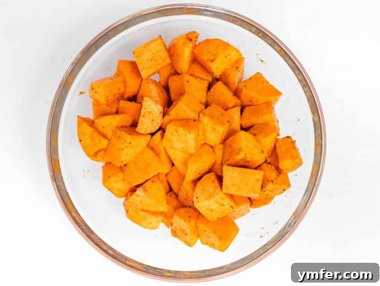 Golden & Crispy Air Fryer Sweet Potatoes 23 Cubes tossed in seasoning