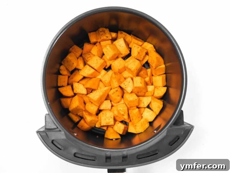 Golden & Crispy Air Fryer Sweet Potatoes 24 Sweet potato cubes in air fryer basket