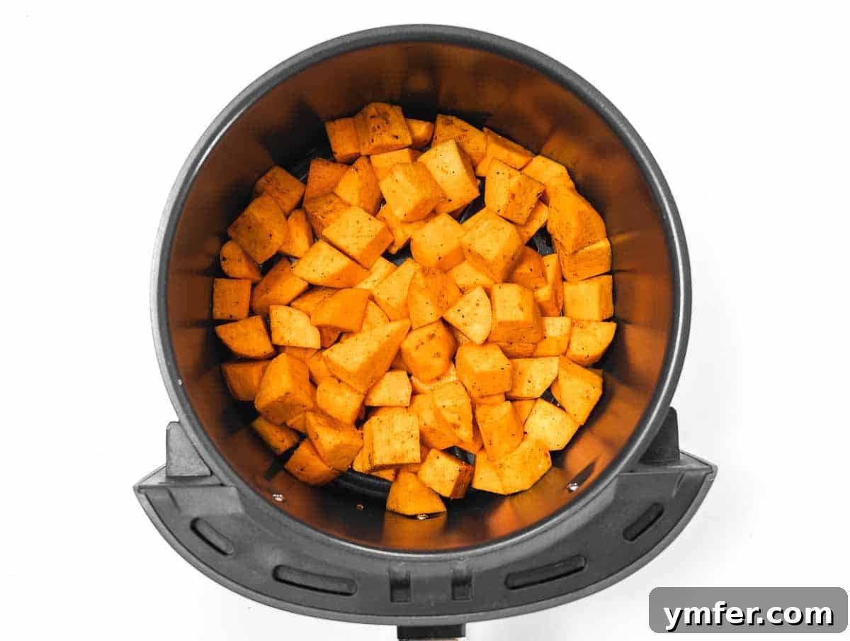 Golden & Crispy Air Fryer Sweet Potatoes 7 Seasoned sweet potato cubes placed in an air fryer basket, ready for cooking.