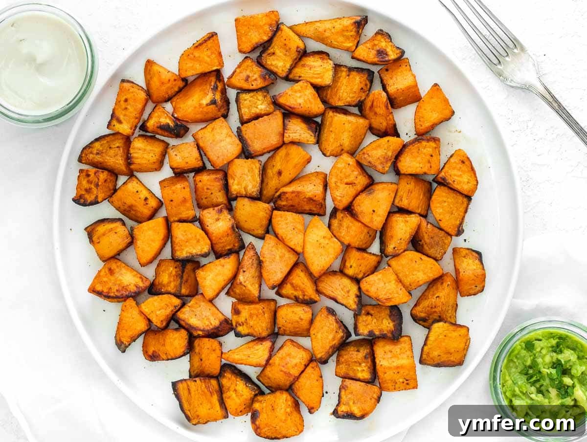 Golden & Crispy Air Fryer Sweet Potatoes 9 Air fried sweet potato cubes served with avocado mash and vegan sour cream.