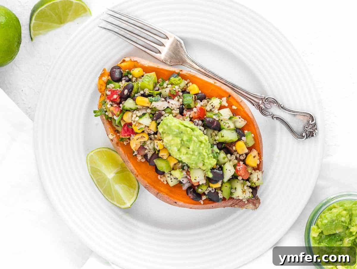 Golden & Crispy Air Fryer Sweet Potatoes 10 Air fryer baked sweet potato topped with black bean quinoa salad, lime, and avocado mash.