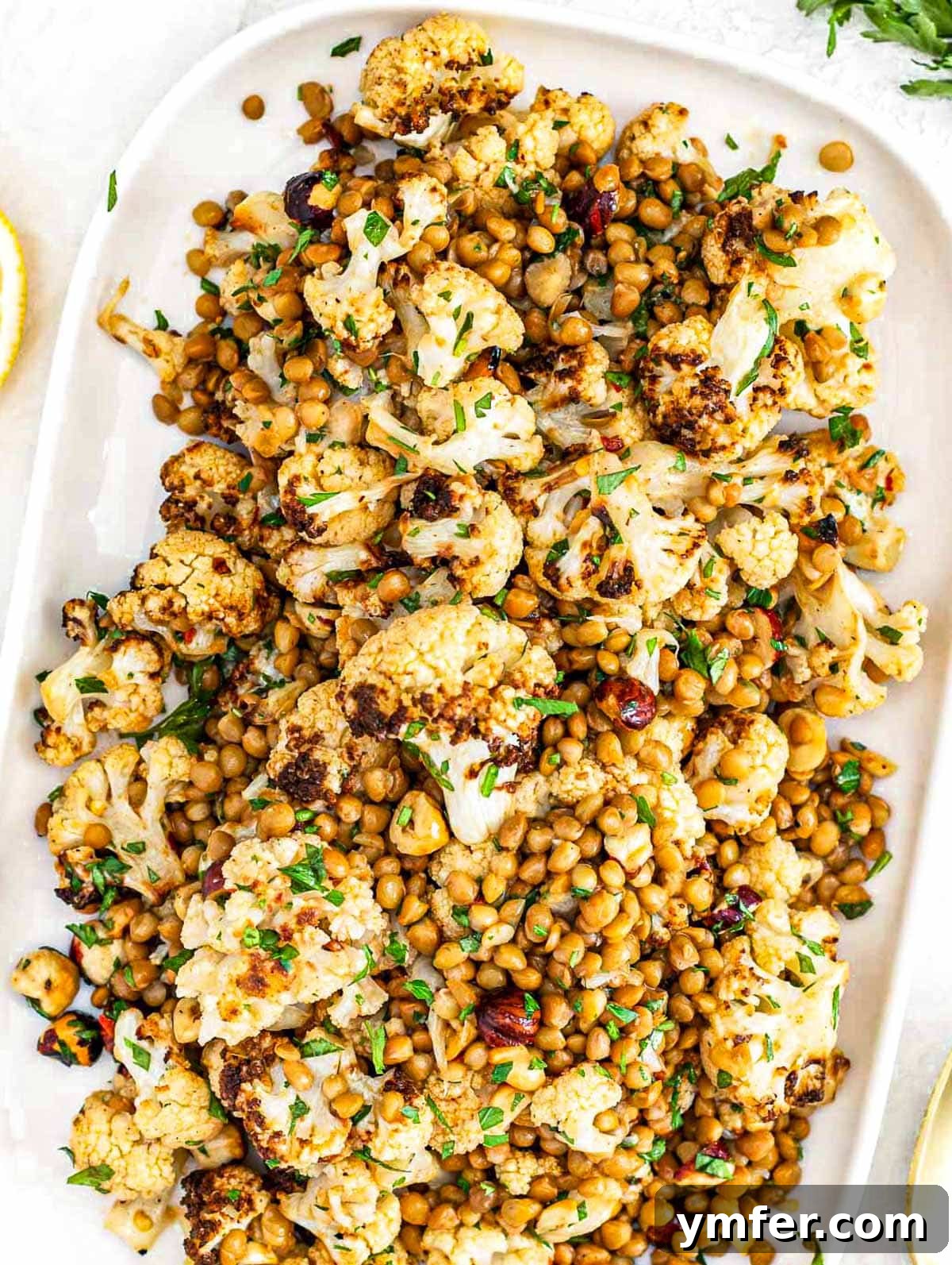Hearty Lentil & Cauliflower Bowl 2 Lentil cauliflower salad on a white platter