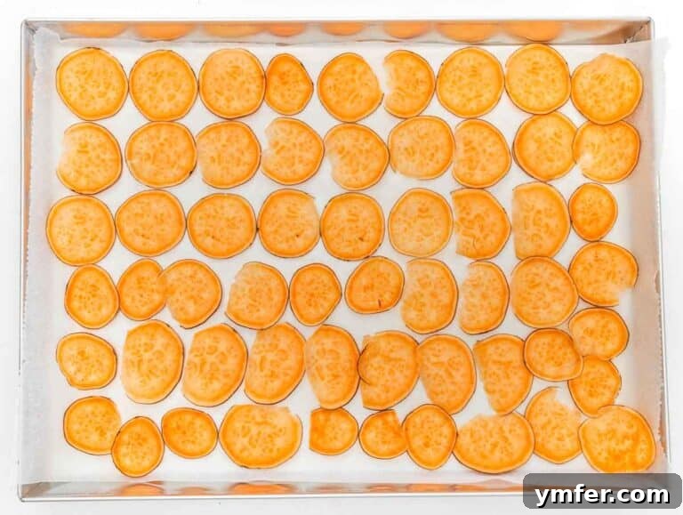 Artisan Sweet Potato Crisps 22 sweet potato slices on a baking tray without oil