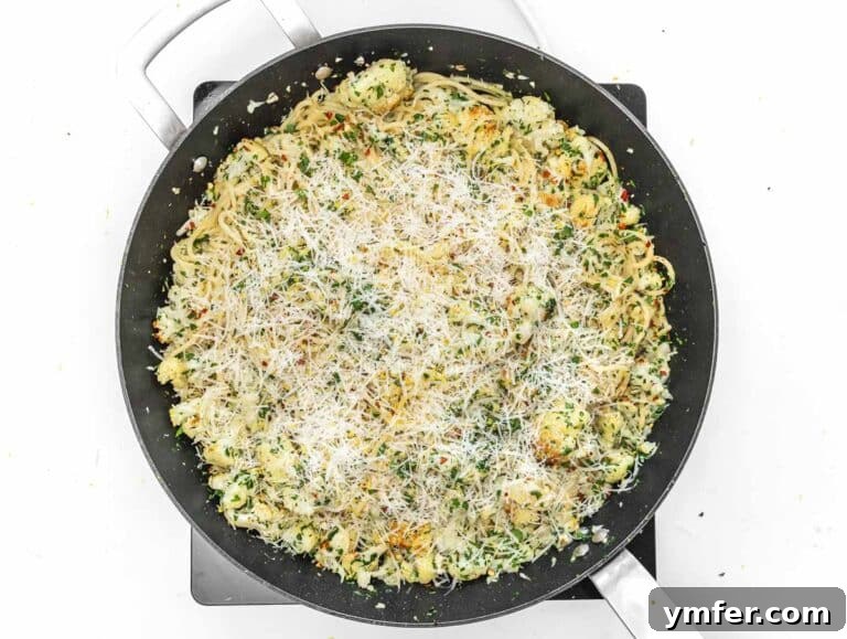 Pasta in a pan with the cauliflower and cheese