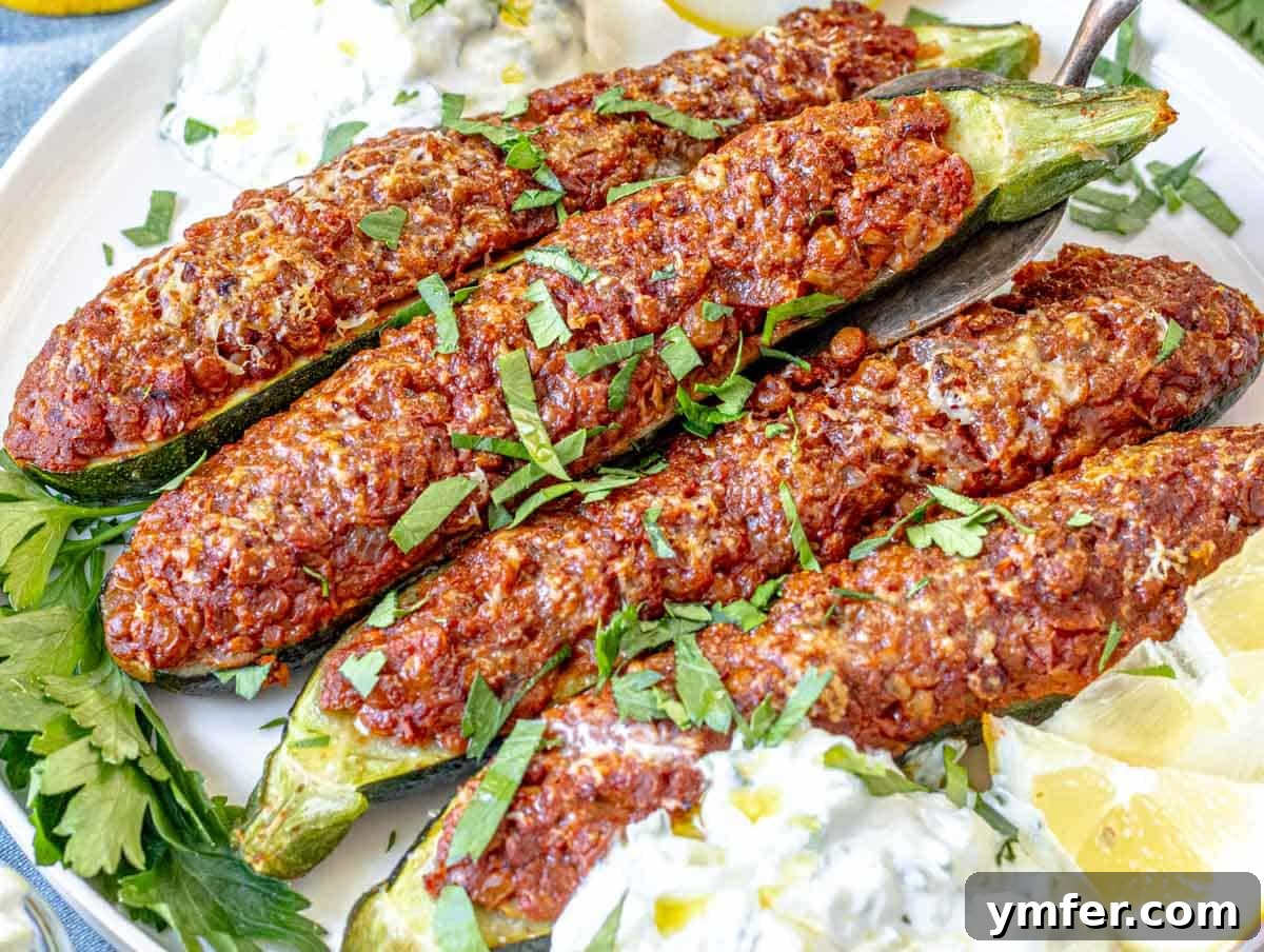 Hearty Lentil Harvest 30 Wholesome Recipes 12 Close-up of baked stuffed zucchini boats, golden and inviting.