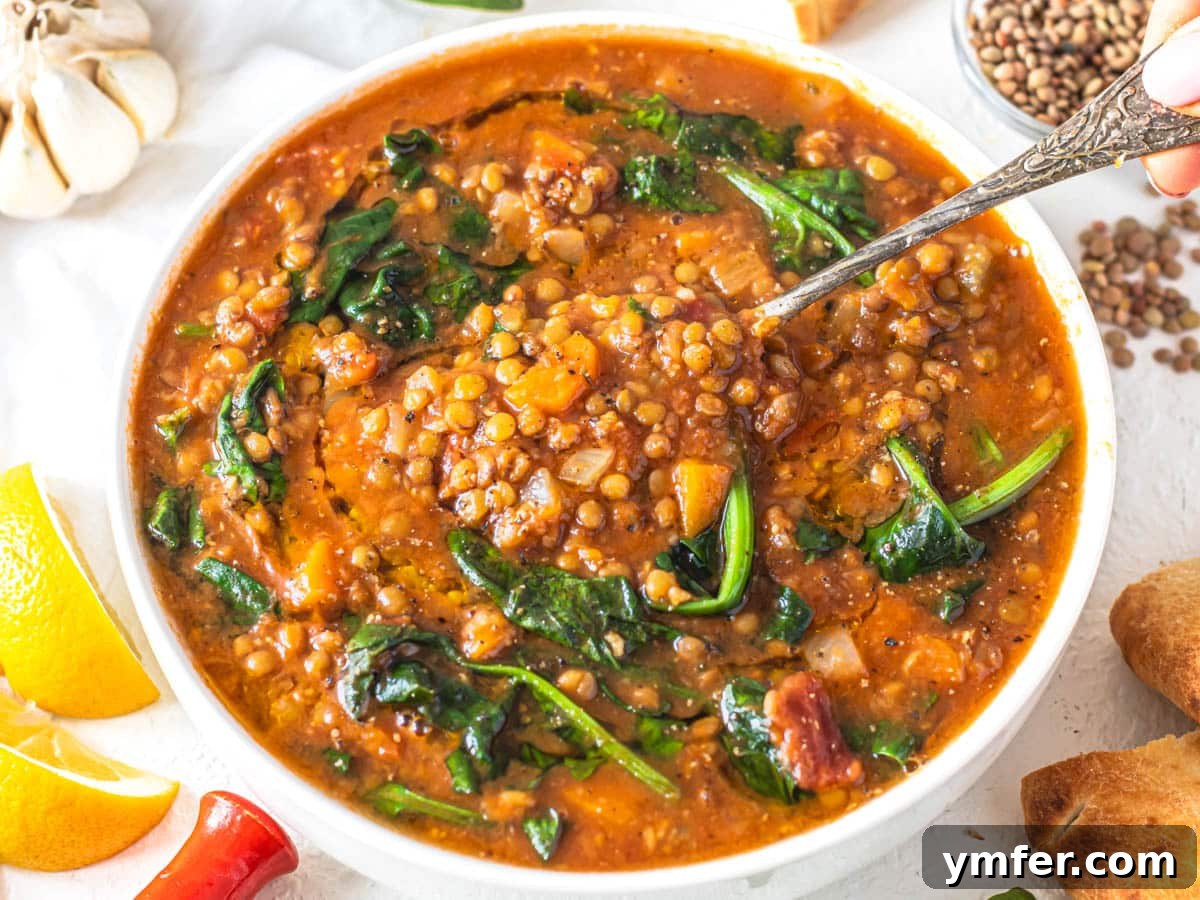 Hearty Lentil Harvest 30 Wholesome Recipes 15 Easy lentil vegetable soup with a silver spoon and a side of crusty bread.