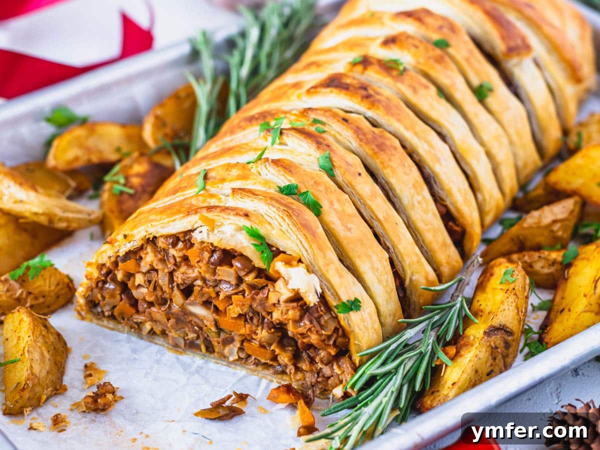 Hearty Lentil Harvest 30 Wholesome Recipes 16 Mushroom Wellington with a rich lentil filling and roasted potatoes as a side dish.