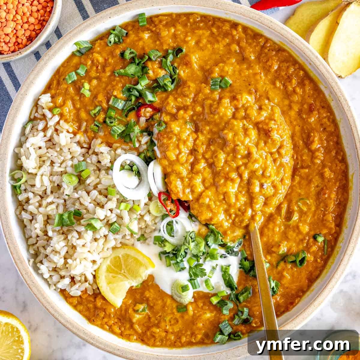 Hearty Lentil Harvest 30 Wholesome Recipes 3 Vibrant red lentil curry with fluffy brown rice, garnished with fresh cilantro.