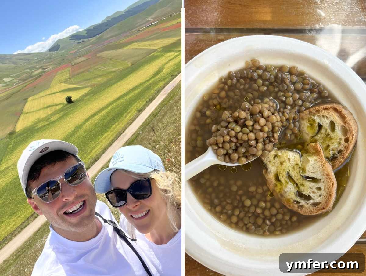 Hearty Lentil Harvest 30 Wholesome Recipes 32 Picturesque view of Castelluccio lentil fields and a comforting bowl of local lentil stew.