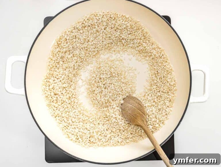 toasting the rice in a dutch oven