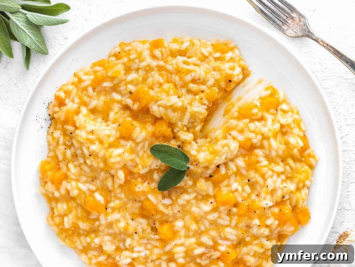 Creamy Butternut Squash Risotto 3 Butternut squash risotto garnished with fresh sage leaves on a white plate.
