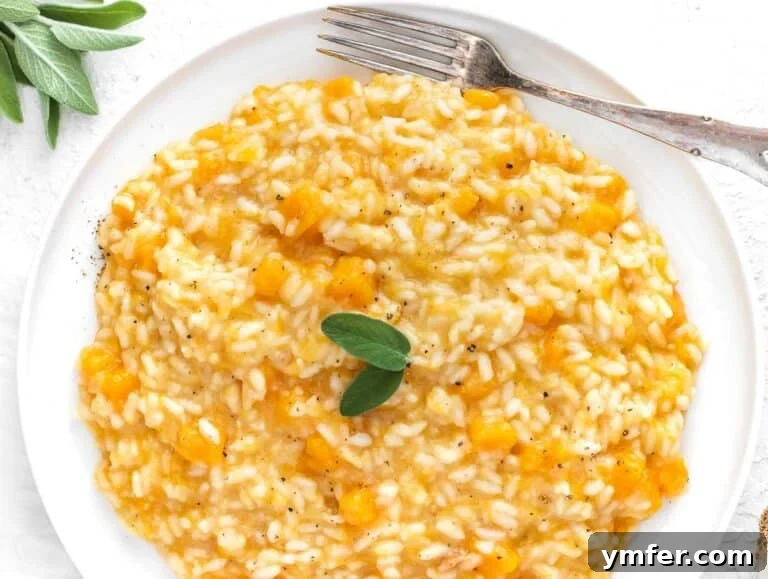 a portion of butternut squash risotto and sage on a plate