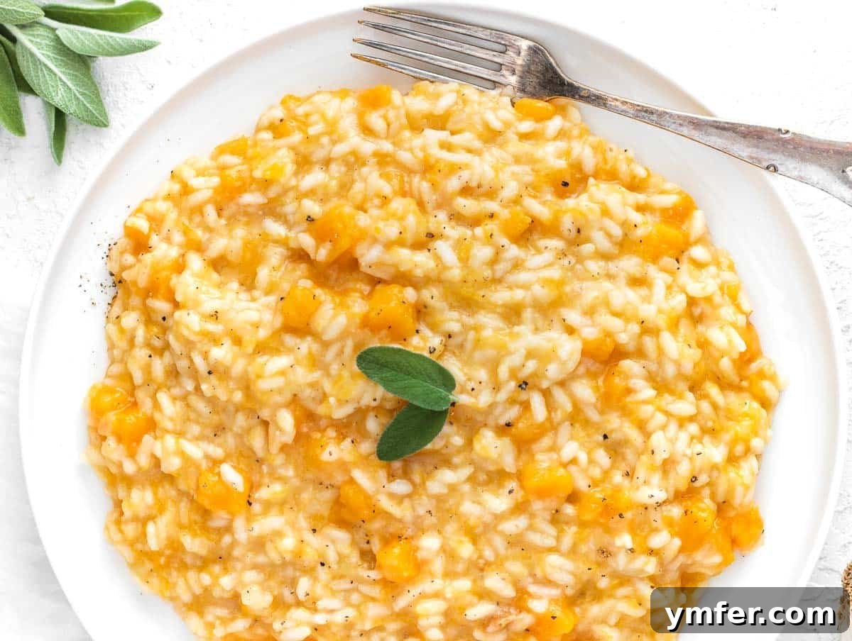 Creamy Butternut Squash Risotto 5 A single portion of butternut squash risotto with sage on a plate.