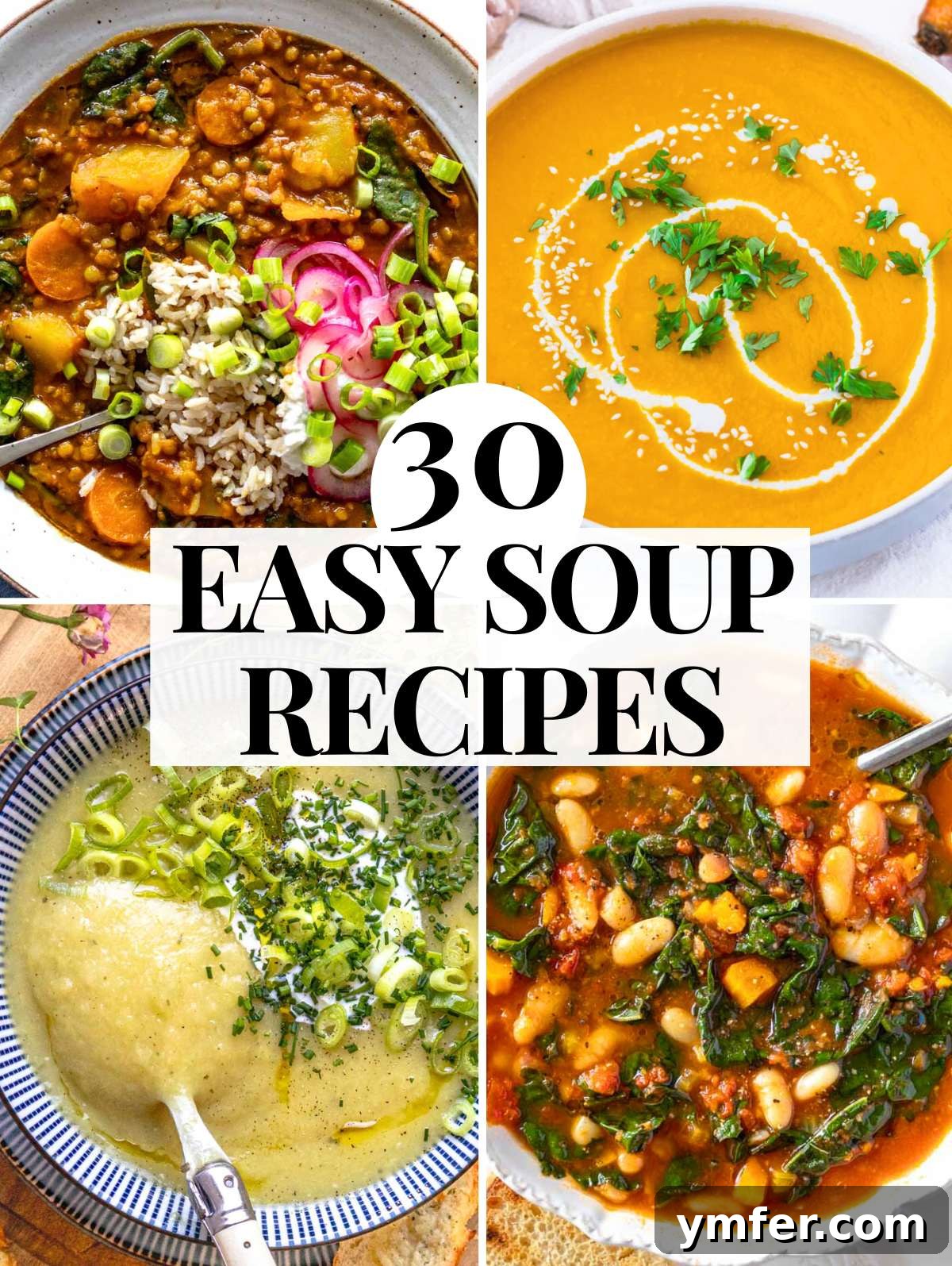 30 Simple Soup Solutions 2 A vibrant collection of easy soup recipes displayed in various bowls