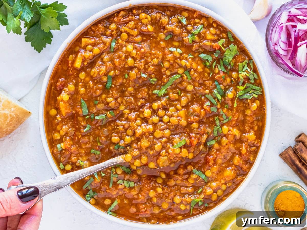 30 Simple Soup Solutions 16 Moroccan lentil soup with a hand holding a silver spoon, ready to serve