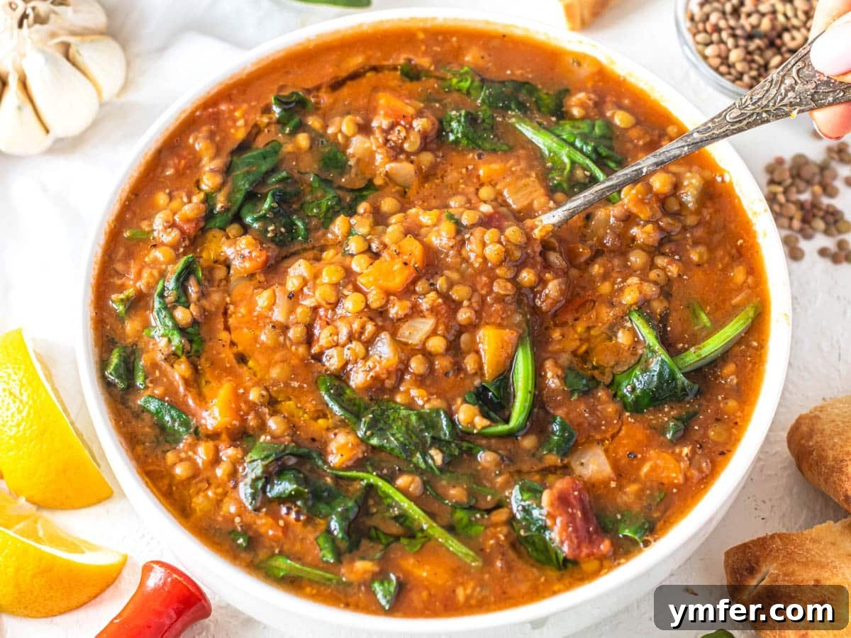 30 Simple Soup Solutions 17 Easy lentil vegetable soup with a silver spoon in the bowl and crusty bread on the side