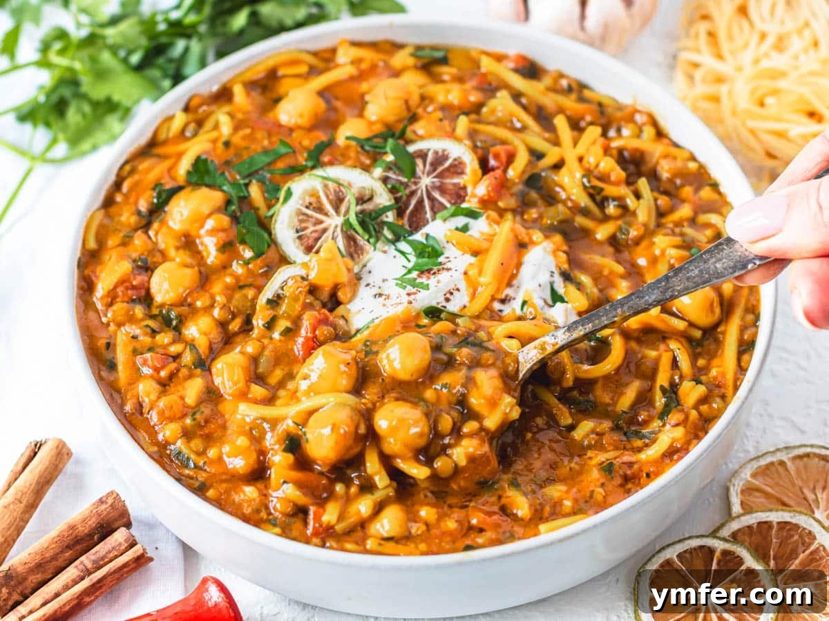 30 Simple Soup Solutions 21 Harira soup with a silver spoon in a white bowl, garnished with fresh parsley