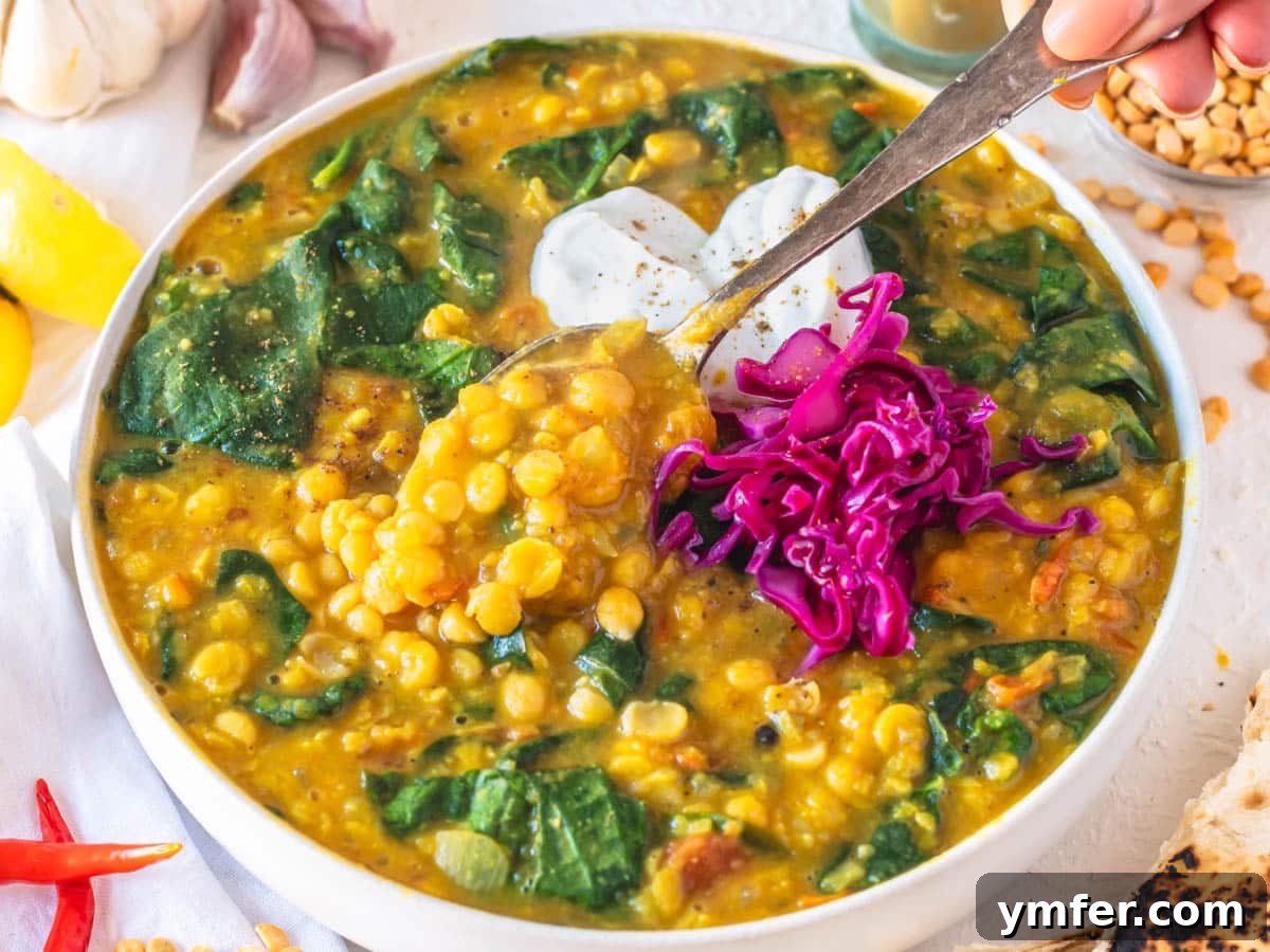 30 Simple Soup Solutions 27 Chana dal with spinach and a silver spoon, served with a creamy curry