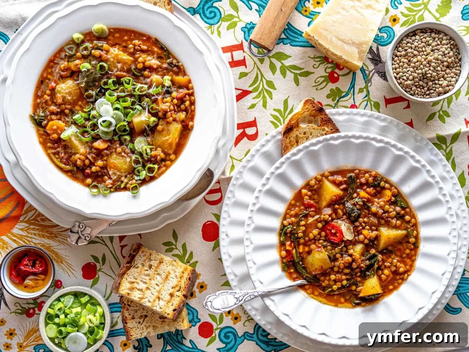 30 Simple Soup Solutions 29 Two bowls of lentil soup on a table with bread, ready for meal prep