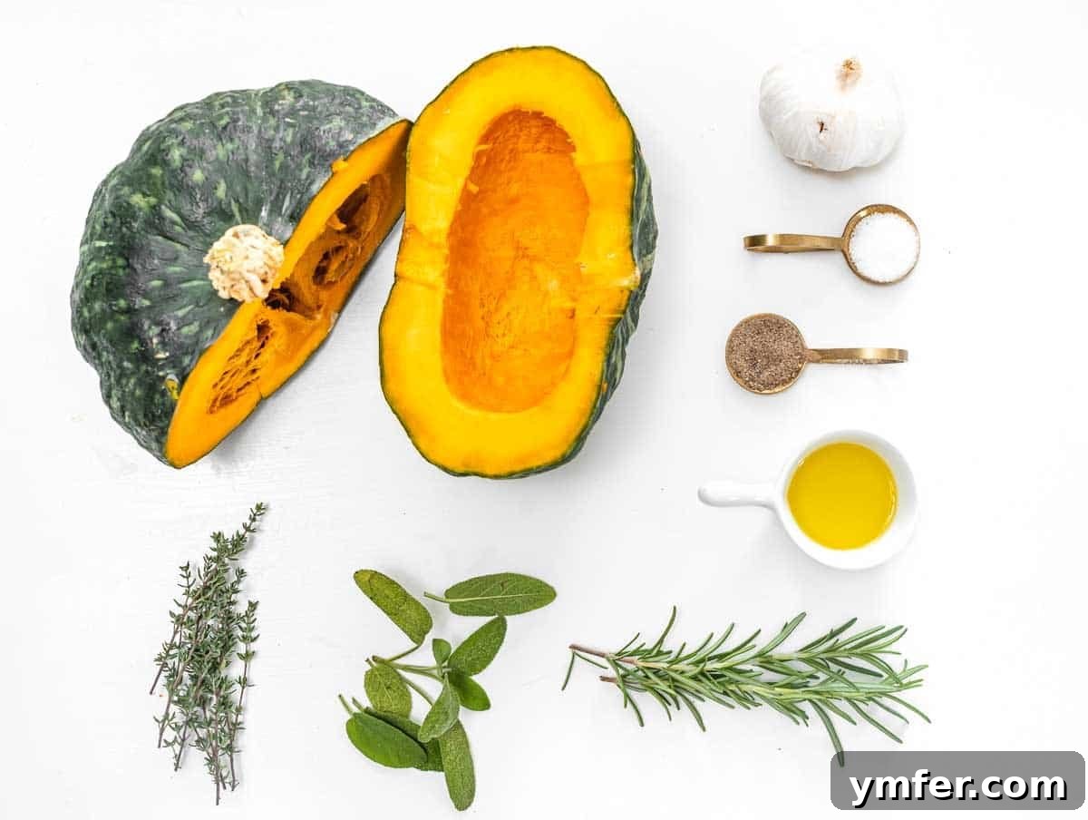 Golden Roasted Kabocha 4 A selection of fresh ingredients including a whole kabocha squash, garlic, fresh rosemary, sage, olive oil, salt, and pepper, ready for roasting.