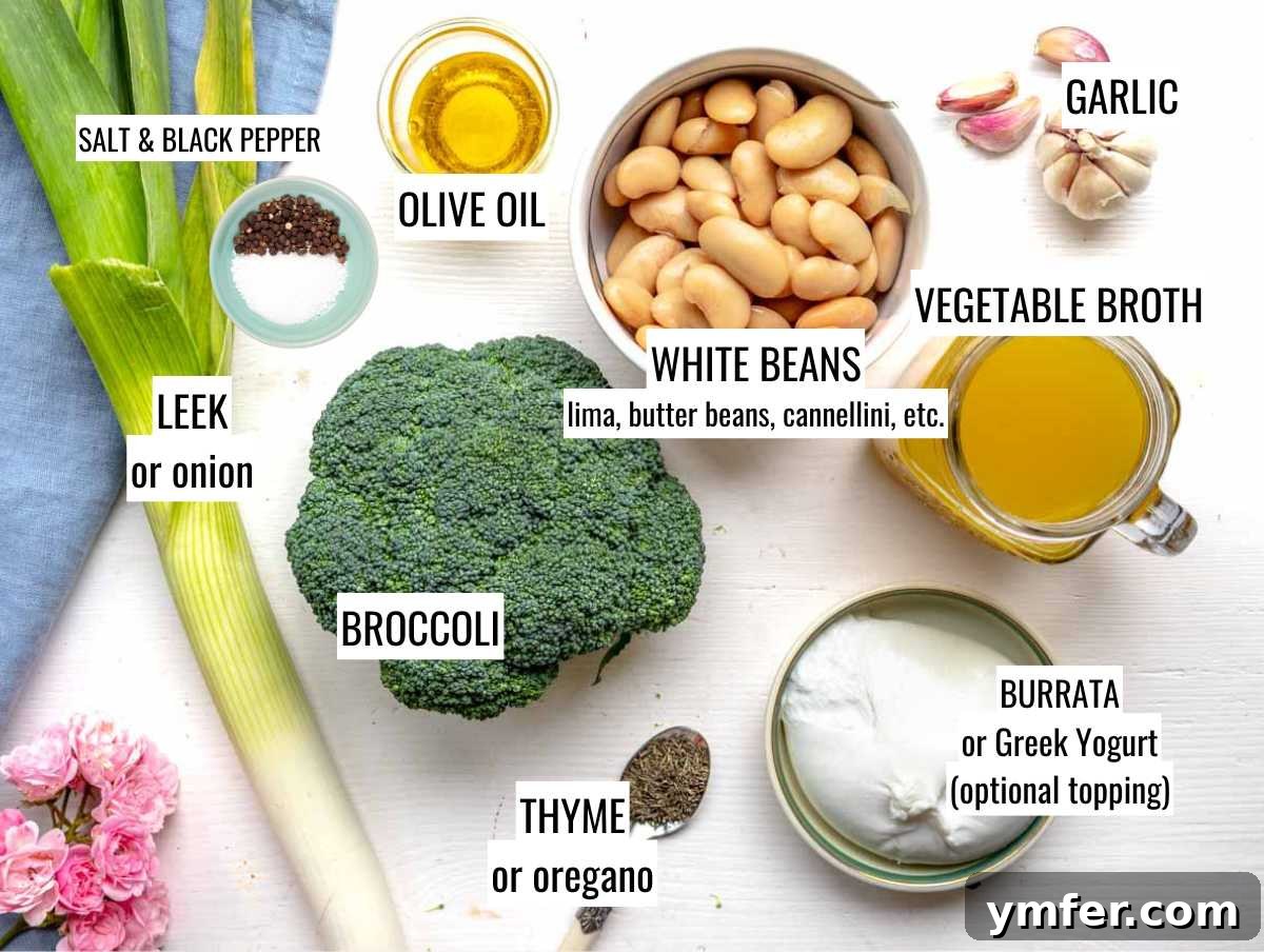 Vibrant Broccoli Cream 5 A vibrant selection of fresh ingredients including broccoli, leeks, garlic, and white beans, ready for making soup.