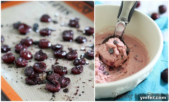 Roasted Cherry Chocolate Chip Frozen Yogurt via Nutmeg Nanny Close-up view of halved and pitted fresh cherries arranged on a baking sheet, ready for the roasting process.