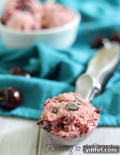 Roasted Cherry Chocolate Chip Frozen Yogurt via Nutmeg Nanny A serving of homemade Roasted Cherry Chocolate Chip Frozen Yogurt scooped into a glass bowl, ready to be enjoyed as a refreshing summer treat.