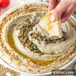 Lentil hummus on a white plate with fresh parsley and hand holding a pita