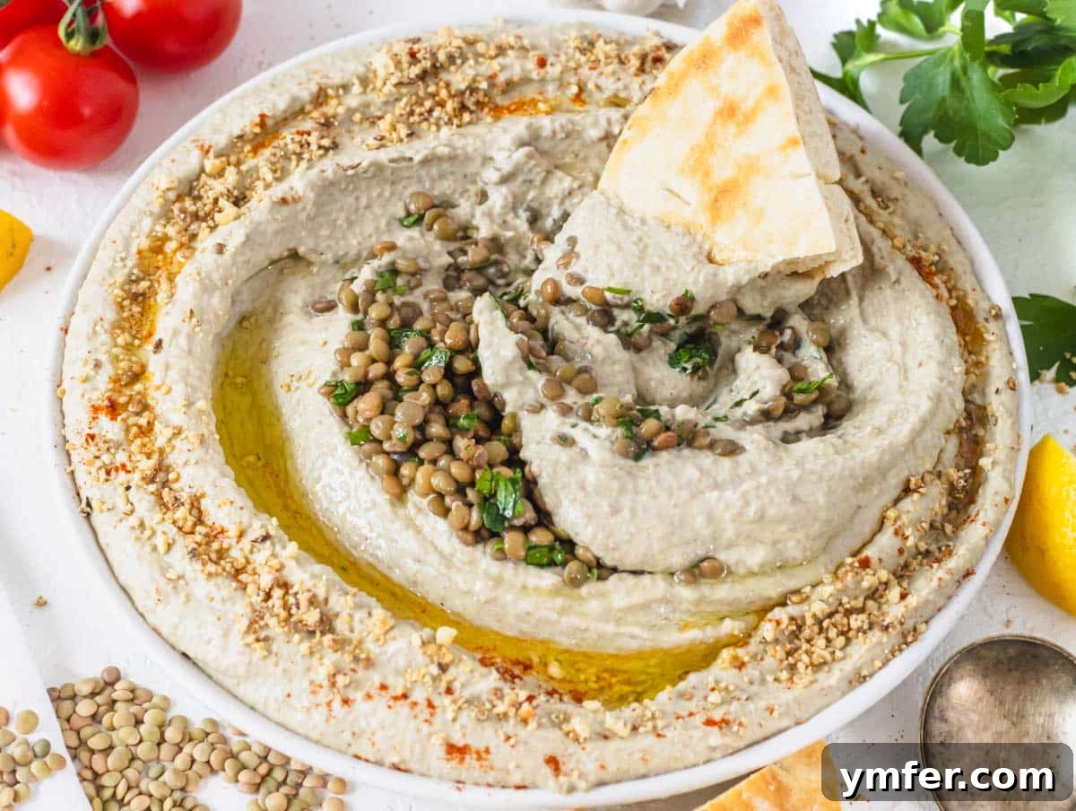 Lentil hummus with pita bread and fresh parsley