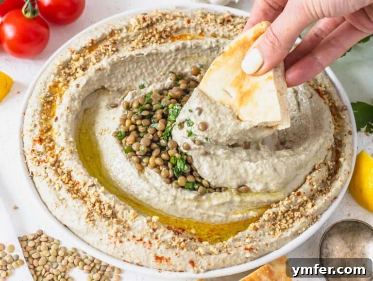 Lentil hummus served on a plate with pita bread