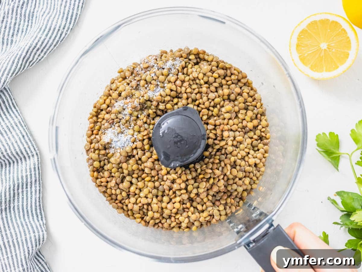 cooked lentils, salt, and lentil water in a food processor