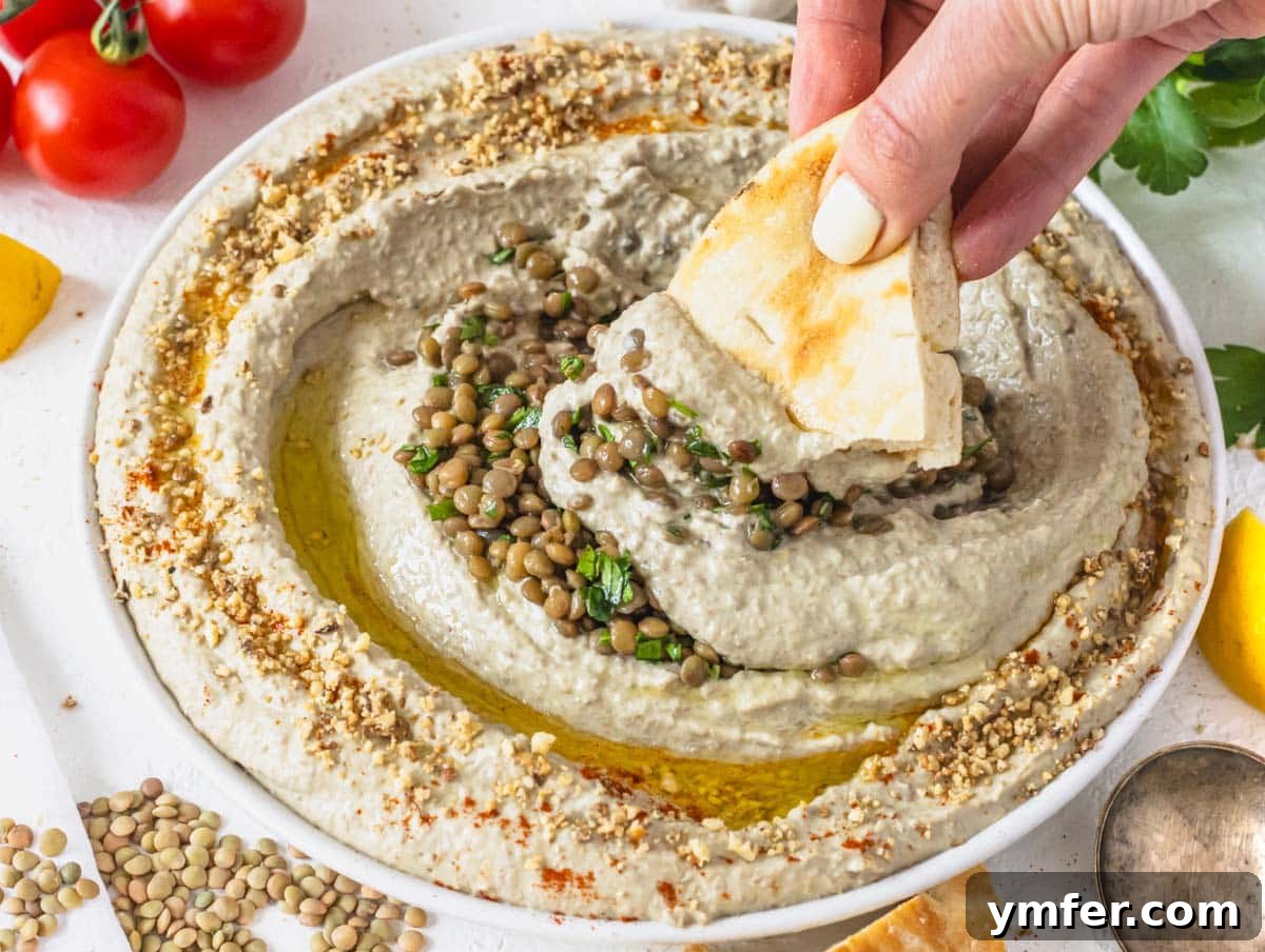 Lentil hummus with hand holding a pita and cherry tomatoes on the side